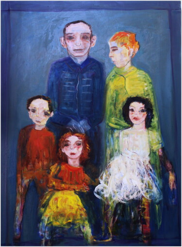 Peinture intitulée "Famille sur fond bl…" par Victorine Follana, Œuvre d'art originale, Huile Monté sur Châssis en bois