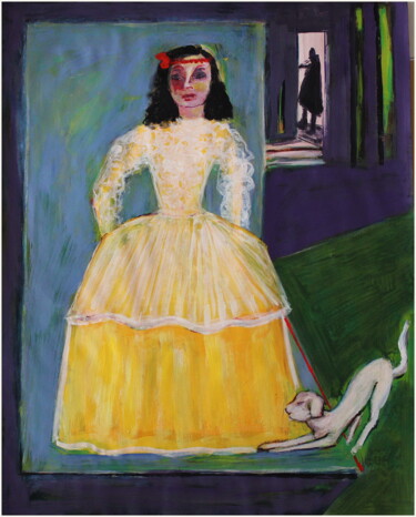 Painting titled "Ménine au chien bla…" by Victorine Follana, Original Artwork, Acrylic Mounted on Wood Panel
