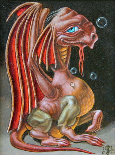 Malerei mit dem Titel "Well-Mannered Dragon" von Victor Molev, Original-Kunstwerk, Öl