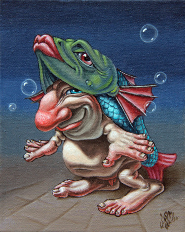 Schilderij getiteld "In a Fish Suit." door Victor Molev, Origineel Kunstwerk, Olie