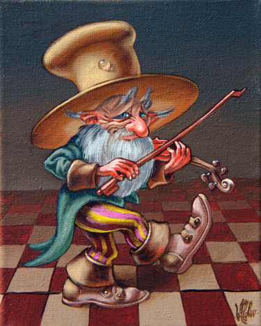 Painting titled "Musical Troll" by Victor Molev, Original Artwork, Oil Mounted on Wood Stretcher frame