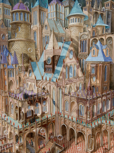 Painting titled "Science City" by Victor Molev, Original Artwork, Oil Mounted on Wood Stretcher frame