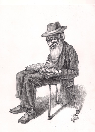 Drawing titled "Bookish Man" by Victor Molev, Original Artwork, Other