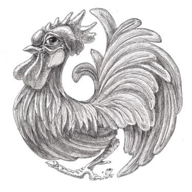 Drawing titled "Rounded Rooster" by Victor Molev, Original Artwork, Ink