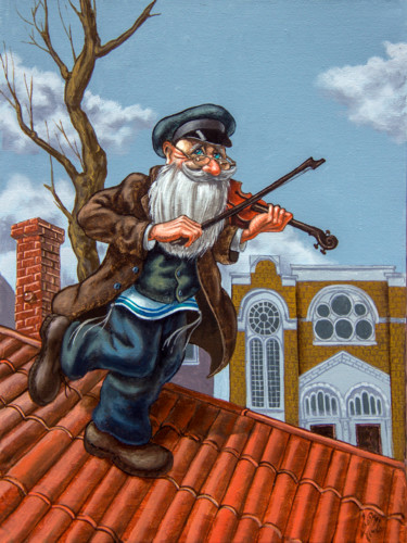 Painting titled "Fiddler on the Roof…" by Victor Molev, Original Artwork, Oil Mounted on Wood Stretcher frame