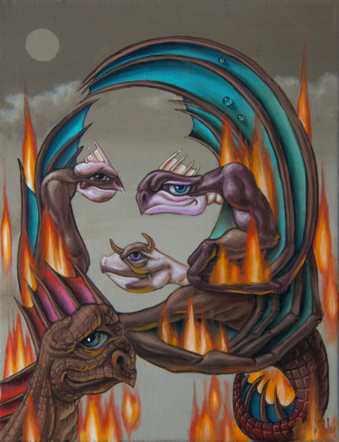 Schilderij getiteld "Flaming Dragons" door Victor Molev, Origineel Kunstwerk, Olie