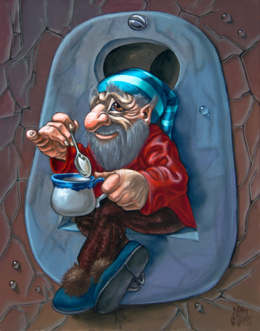 Schilderij getiteld "Tea in Keyhole" door Victor Molev, Origineel Kunstwerk, Olie