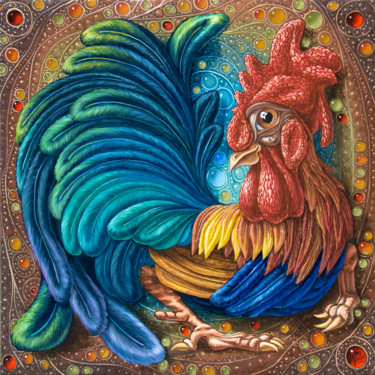 Painting titled "Rooster" by Victor Molev, Original Artwork, Oil
