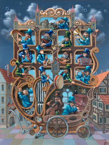 Painting titled "Street Music Box" by Victor Molev, Original Artwork, Oil Mounted on Wood Stretcher frame