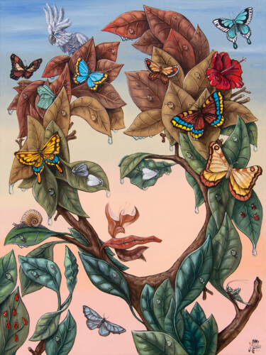 Dryad with a small parrot. Картина под названием "Dryad with a small…" - Victor Molev, Подлинное произведение искусства, Масло Установлен на Подрамник