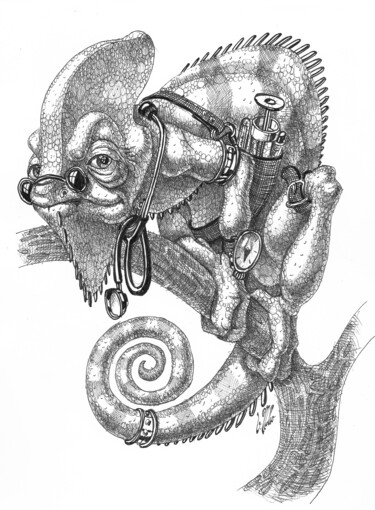 Dibujo titulada "Paramedic Chameleon." por Victor Molev, Obra de arte original, Tinta
