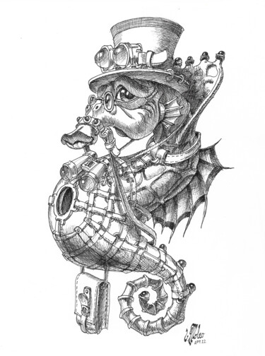 Dibujo titulada "Steam Punk Seahorse…" por Victor Molev, Obra de arte original, Tinta