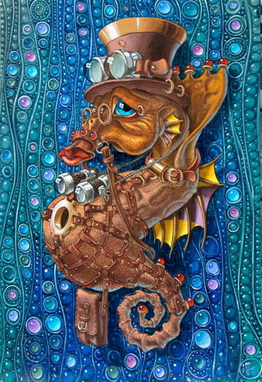 Painting titled "Seahorse in Top Hat" by Victor Molev, Original Artwork, Oil Mounted on Cardboard