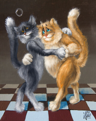 Painting titled "Cat Waltz" by Victor Molev, Original Artwork, Oil