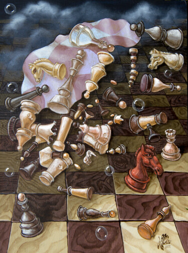 Painting titled "Einstein's Chess" by Victor Molev, Original Artwork, Oil Mounted on Wood Stretcher frame