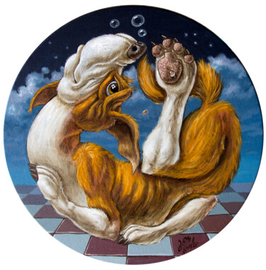 Malerei mit dem Titel "Dog and Flea" von Victor Molev, Original-Kunstwerk, Öl Auf Keilrahmen aus Holz montiert