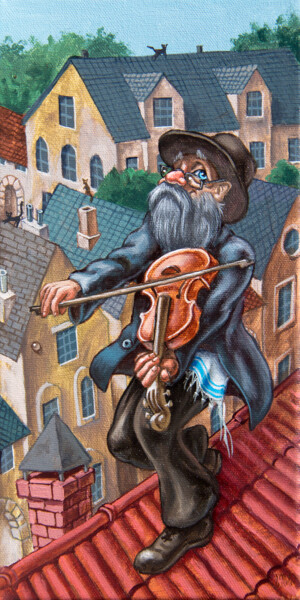 Peinture intitulée "Fiddler on the roof…" par Victor Molev, Œuvre d'art originale, Huile Monté sur Châssis en bois