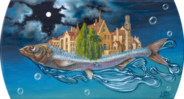 Картина под названием "Moonherring Bruges" - Victor Molev, Подлинное произведение искусства, Масло Установлен на Деревянная…
