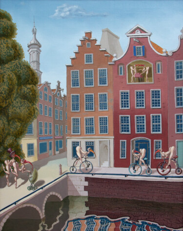 Painting titled "Birdy Amsterdam" by Victor Molev, Original Artwork, Oil Mounted on Wood Stretcher frame