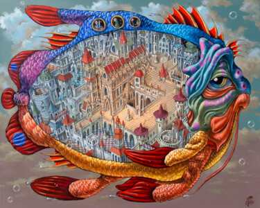 Painting titled "Heavenly Coelacanth" by Victor Molev, Original Artwork, Oil Mounted on Wood Stretcher frame