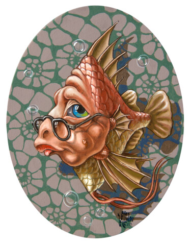 Painting titled "The Well-read fish" by Victor Molev, Original Artwork, Oil Mounted on Wood Stretcher frame