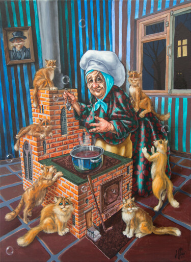Painting titled "Time of Hungry Cats" by Victor Molev, Original Artwork, Oil Mounted on Wood Stretcher frame