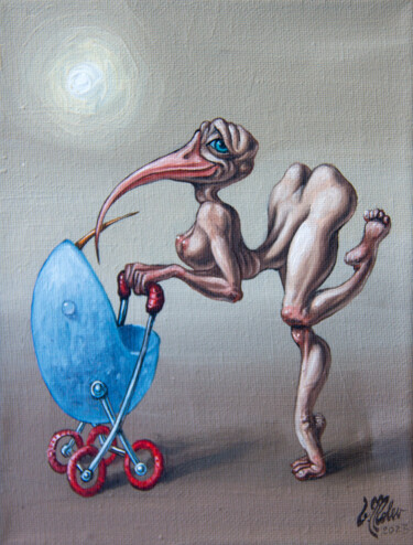 Painting titled "Lady with a pram" by Victor Molev, Original Artwork, Oil Mounted on Wood Stretcher frame
