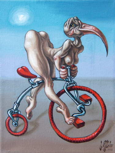 Schilderij getiteld "Cyclist" door Victor Molev, Origineel Kunstwerk, Olie