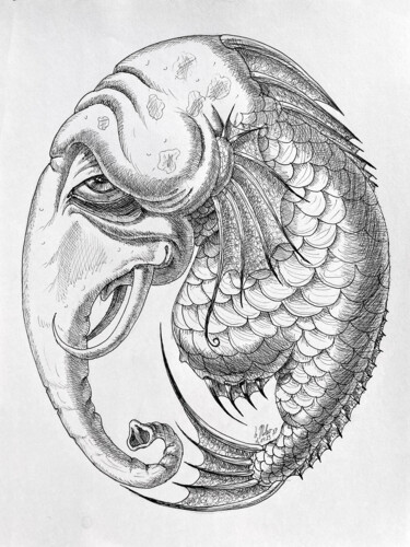Tekening getiteld "River Elephant" door Victor Molev, Origineel Kunstwerk, Inkt