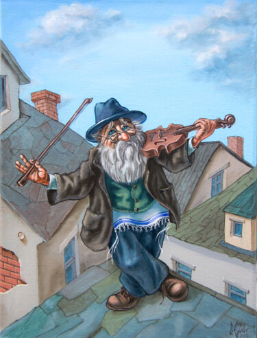 Painting titled "“Fiddler on the Roo…" by Victor Molev, Original Artwork, Oil Mounted on Wood Stretcher frame