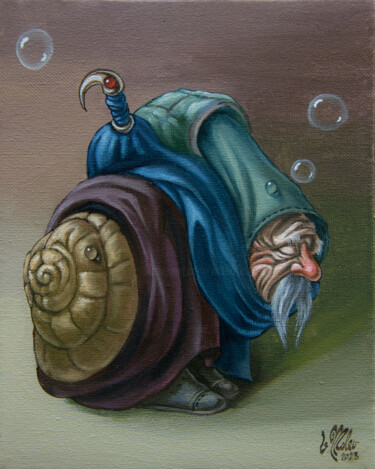 Painting titled "Mustached Snail" by Victor Molev, Original Artwork, Oil Mounted on Wood Stretcher frame