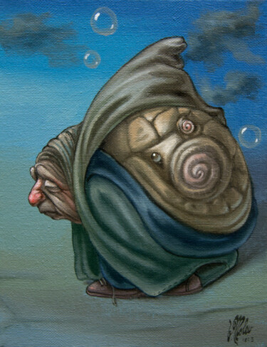 Painting titled "Old Snail." by Victor Molev, Original Artwork, Oil Mounted on Wood Stretcher frame