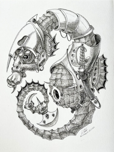 Tekening getiteld "Rumble Sea Horse" door Victor Molev, Origineel Kunstwerk, Inkt