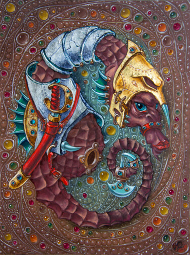 Pintura intitulada "Fighting Seahorse" por Victor Molev, Obras de arte originais, Óleo