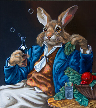 Painting titled "Drunk Hare" by Victor Molev, Original Artwork, Oil Mounted on Cardboard