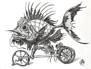 Drawing titled "Fish on a Bicycle" by Victor Molev, Original Artwork, Ink