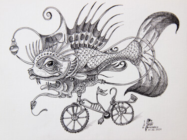 Dessin intitulée "Fish on a bicycle.…" par Victor Molev, Œuvre d'art originale, Encre