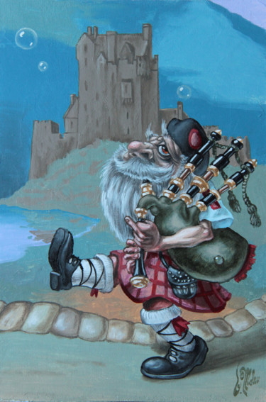 Painting titled "Bagpiper" by Victor Molev, Original Artwork, Oil