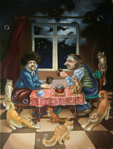 Painting titled "Tea with cats" by Victor Molev, Original Artwork, Oil