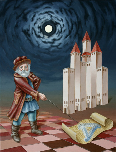 Painting titled "Architect" by Victor Molev, Original Artwork, Oil Mounted on Wood Stretcher frame