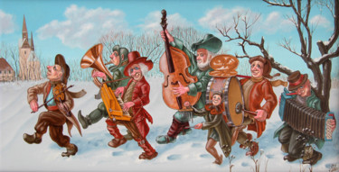 Картина под названием "Walking Musicians" - Victor Molev, Подлинное произведение искусства, Масло Установлен на Деревянная р…
