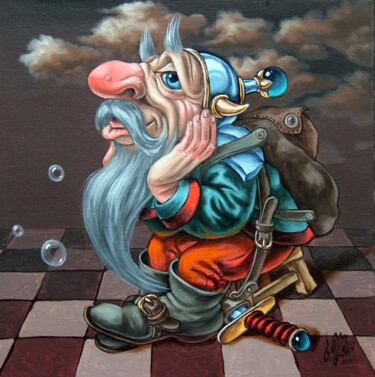 Painting titled "Dreamy guard" by Victor Molev, Original Artwork, Oil Mounted on Cardboard