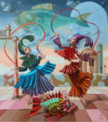 Painting titled "Skipping ropes" by Victor Molev, Original Artwork, Oil Mounted on Wood Stretcher frame