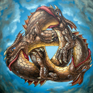 Painting titled "Group Ouroboros" by Victor Molev, Original Artwork, Oil Mounted on Cardboard
