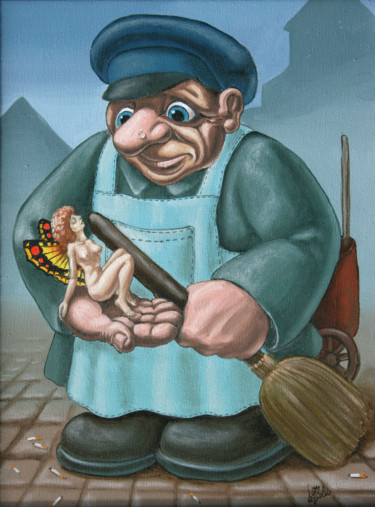Painting titled "Blue janitor" by Victor Molev, Original Artwork, Oil