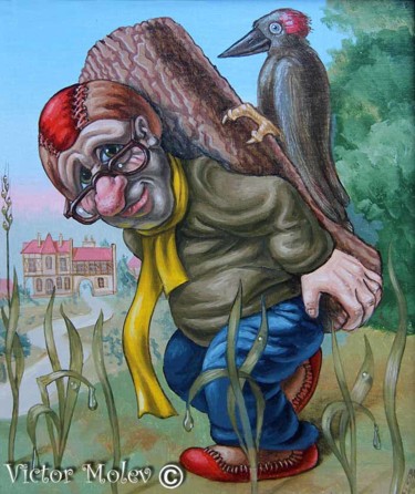 Malerei mit dem Titel "Woodpecker" von Victor Molev, Original-Kunstwerk, Öl