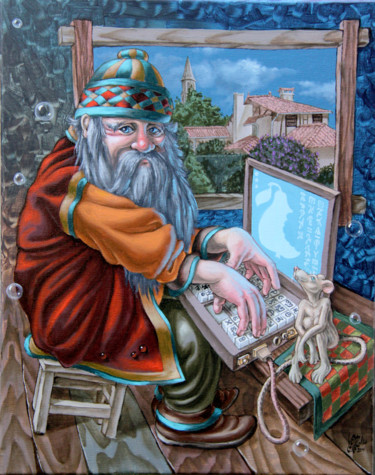Painting titled "High-tech" by Victor Molev, Original Artwork, Oil Mounted on Wood Stretcher frame