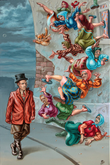 Painting titled "Falling old ladies" by Victor Molev, Original Artwork, Oil Mounted on Wood Stretcher frame