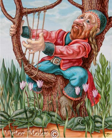 Painting titled "The forest harp" by Victor Molev, Original Artwork, Oil
