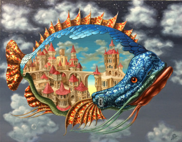 Painting titled "Habitable Fish" by Victor Molev, Original Artwork, Oil Mounted on Wood Stretcher frame